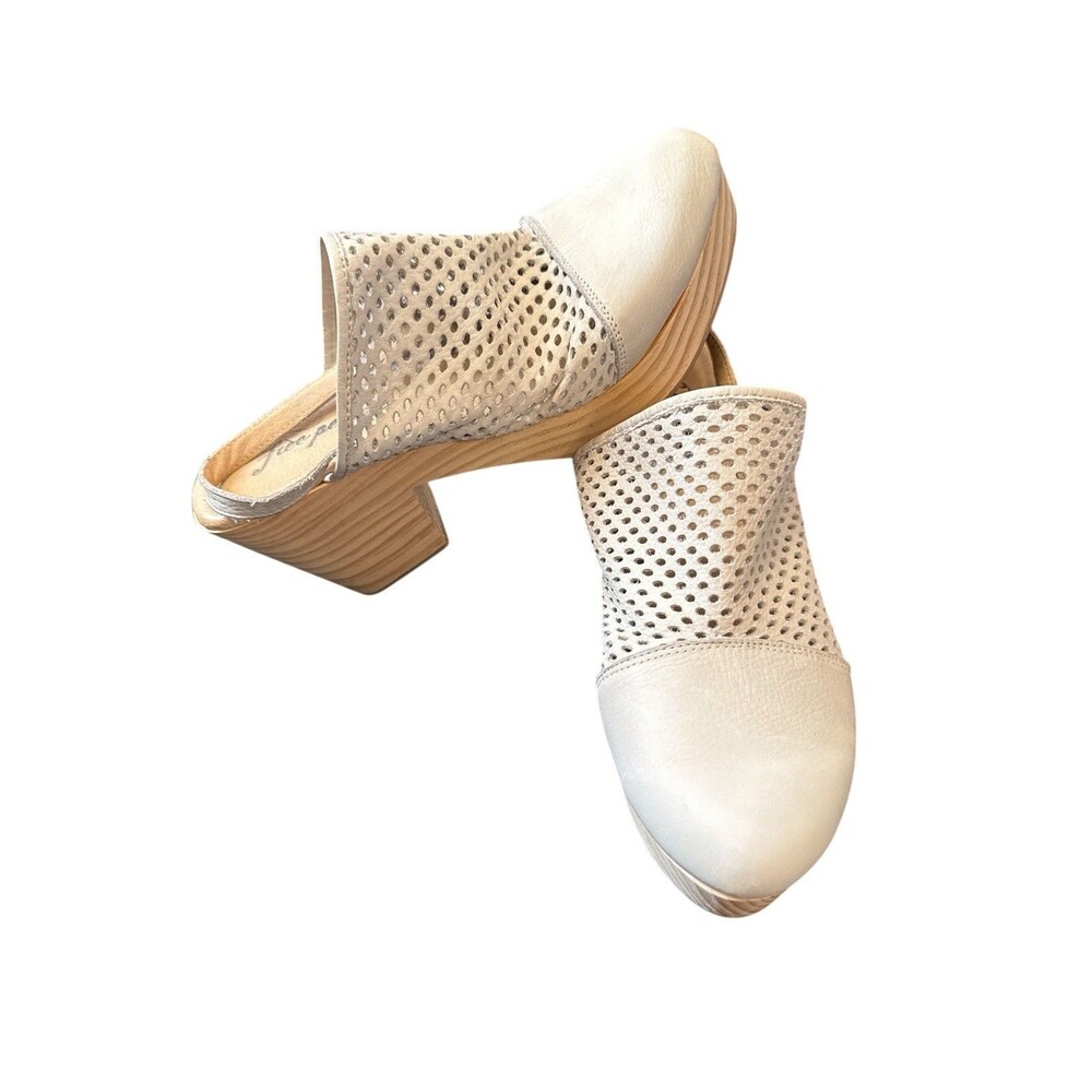 FREE PEOPLE Women 39 Logan Leather Clog Gray Cutout Strap Wood Soleā Spain